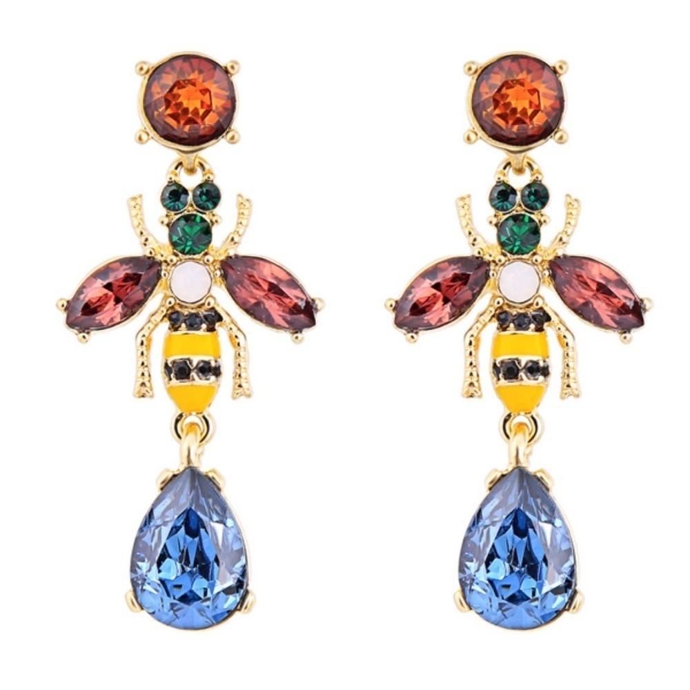 Multi Colored Crystal Bee Drop Earrings